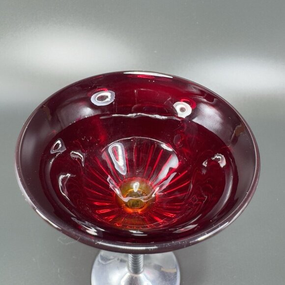 Art Deco Ruby Red Cadmium UV Glow Cocktail Glass Cups Chrome Stems Glasses Set2 - Picture 3 of 15